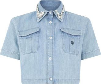 Philipp Plein Chambray Cropped Shirt Crystals - Dames - Spijkeroverhemden - Blauw - L - Denim - Overhemden