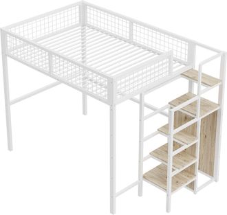 STILVORA Cama Alta Cama Doble Con Escalera De Seguridad Y Armario, 140 X 200 Cm, Sin Colchon, Metal Blanco