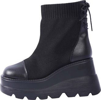 Generic Womens Wedge Boots Stretch Knitted Short Booties Round Toe Casual Solid Color Thick Sole Lace Up Classic Ankle Boots Party Outdoor