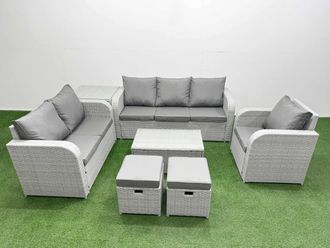 Fimous Patio PE Wicker 8 Seater Outdoor Rattan Furniture Sofa Sets w/ Rectangular Coffee Table Reclining Chair Loveseat Sofa 3 Seater Sofa Stool Side