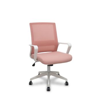 Piqueras y Crespo Silla Ergo535 Blanca Basculante Respaldo Malla Rosa Asiento Tela Rosa Ruedas Nailon