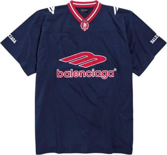 Balenciaga 3B Football V-neck T-shirt Oversized Dark Navy Red 857086TTVQ64030