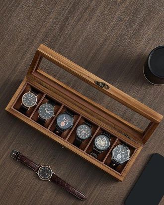 No Brand Scatola Per Orologi Con 6 Scomparti, Custodia In Legno Massello, Organizer, Coperchio In Vetro, Espositore, Cuscini Rimovibili, Idea Regalo, Noce Rust