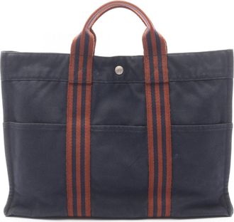 Herm&egrave;s Brown Navy Canvas Handbag Tote Bag (Pre-Owned)