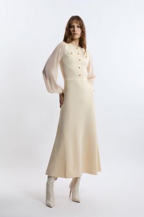 Karen Millen Womens Petite Viscose Blend Maxi Knit Dress With Chiffon Sleeve Military Trim - Cream Polyamide - Size Medium