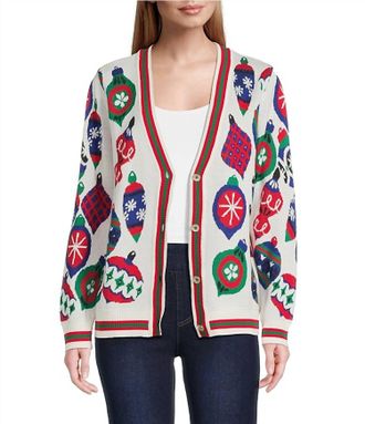 Multiples Cuffed Button Front Cardigan With Embellishments In White Multi