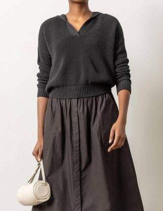 Lilla P Hooded Split Neck Sweater In Black