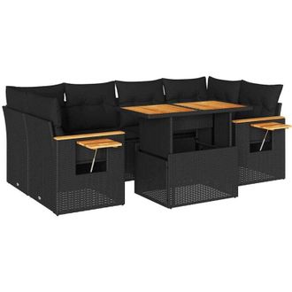 vidaXL 7 Piece Garden Sofa Set with Cushions Black Poly Rattan Acacia vidaXL