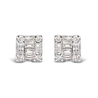 House of Brilliance 10K White Gold 1/7 Cttw Round and Baguette Diamond Mosaic Square Stud Earrings (H-I Color, I1-I2 Clarity)