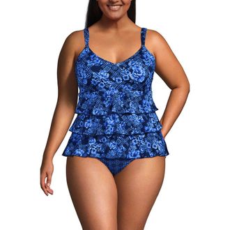 Lands End Plus Size Ruffle Fauxkini One Piece Swimsuit in Navy Mosaic Floral/tile Mix at Nordstrom, Size 20W