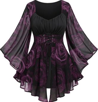 Generic Women Plus Size Gothic Lace-up Bell Sleeve Tops Flower Pattern Flare Sleeves Renaissance Top Goth Costume Halloween Clothes Sister Gifts,Womens Basic 