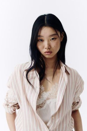 H&M Oversized Lyocell-blend Shirt in Light Pink/striped at Nordstrom, Size Xx-Large