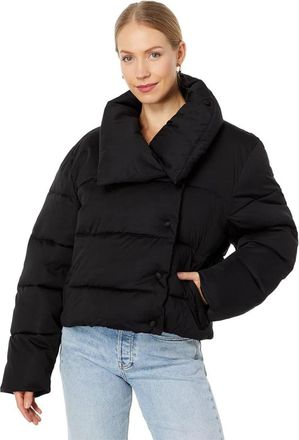 Avec Les Filles Puffer Jacket Womens Black Envelope Collar Cropped JZZ 7