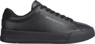 Tommy Hilfiger Schoenen, Heren, Zwart, 41 EU, Leer, Pebble Grain Logo Court Sneakers