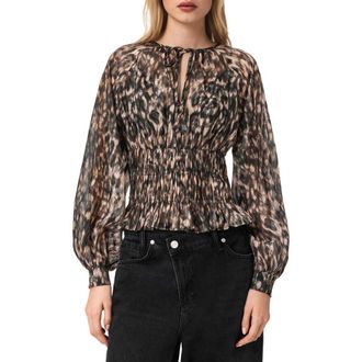 AllSaints Cern Print Smocked Top in Prowl Golden Brown at Nordstrom, Size 10 Us
