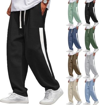 Generic Mens Joggers Bottoms Waffle Wide Leg Open Hem Side Stripes Athletic Lounge Pants Loose Fit Elastic Waist Gym Running Sports Activewear Trousers with P