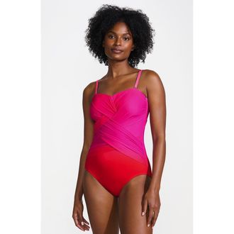 Lands End Slender Suit Shine Bandeau Tummy Control Chlorine Resistant High Leg One Piece Swimsuit in Pink Multi Ombre at Nordstrom, Size 16