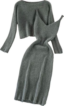 Generic Womens Knitted Two Piece Set Bodycon Dress Pullover Top and Midi Skirt Co Ord Outfit Fashion Ribbed Knit Long Skirt Suit Elegant Winter Workwear Dress