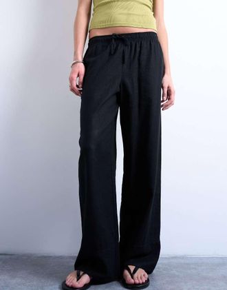 Topshop Pantaloni dritti in lino neri con fondo ampio-Nero