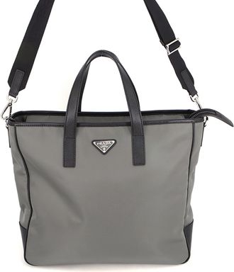 Prada Saffiano Black Gray Nylon Saffiano Handbag Tote Bag (Pre-Owned)