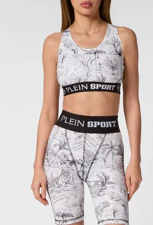 Plein Sport Top sportivo cropped in jersey con stampa tropicale e spalline incrociate