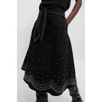 Karen Millen Studded Tie Belt Midi Skirt in Black at Nordstrom, Size 6