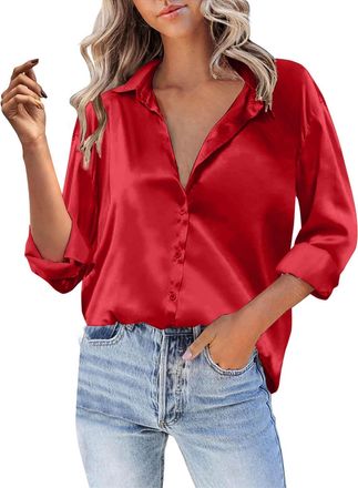 Generic Women Satin Blouse Button Down Long Sleeve V Neck Collar Shirts Dressy Casual Office Work Going Out Tops (Red, M)