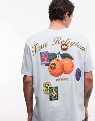 True Religion T-shirt celeste con stampa a tema ortofrutticolo-Blu