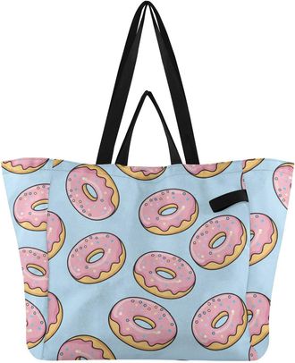 Generic Donuts Blue print Reusable Canvas Tote Bag, Heavy Duty Grocery Shopping Bag with Large Capacity Double Handles Hard Bottom Work Groceries Travel