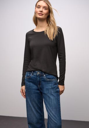 Street One Rundhalsshirt STREET ONE, Damen, Gr. 34, schwarzest braun, Jersey, Obermaterial: 50% Baumwolle, 50% Modal, unifarben, tailliert h&uuml;ftbedeckend, Rundhal