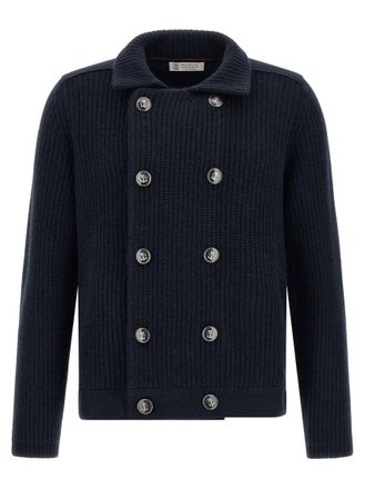 Brunello Cucinelli Blue Knitted Shirt Collar Cardigan