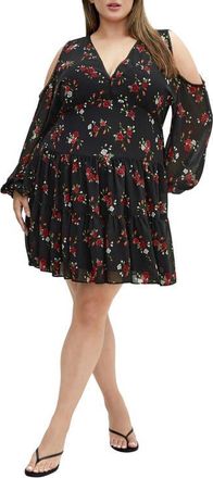 City Chic Maria Cold Shoulder Long Sleeve Minidress in Dolce Ditsy Black at Nordstrom, Size Xxl