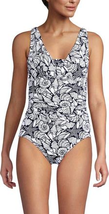 Lands End SlenderSuit Grecian Tummy Control Chlorine Resistant One Piece Swimsuit in Tossed Shells/deep Sea Navy at Nordstrom, Size 12