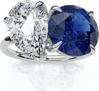 Pompeii3 5 1/2Ct Certified Blue Sapphire & Diamond Toi Et Moi Diamond Ring Gold Lab Grown