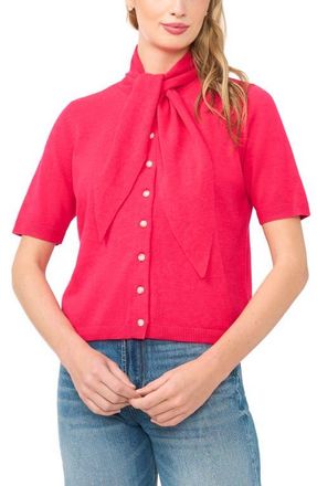 CeCe by Cynthia Steffe Tie Neck Short Sleeve Cardigan in Watermelon Crush at Nordstrom, Size X-Large