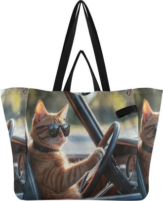 Generic Yellow Cat Sunglasses print Reusable Canvas Tote Bag, Heavy Duty Grocery Shopping Bag with Large Capacity Hard Bottom Double Handles Work Groceries Tr
