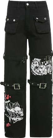 Generic Boyfriend Jeans Wide Leg Harajuku Pants Goth Black Cargo Trousers Womens Baggy Jeans Strauss Stretch Jeans E-Girl Jogging Bottoms Steam Punk Streetwea