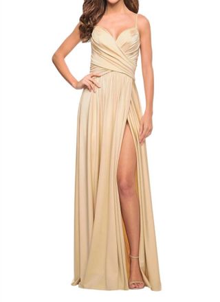 La Femme Long A-Line Gown In Light Gold