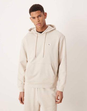 Calvin Klein Jeans Felpa con cappuccio in spugna color crema con stemma-Bianco