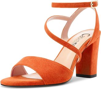 Castamere Women Chunky Block High Heel Peep Open Toe Ankle Strap Sandals Dress Wedding 8 CM Heels Orange Suede 4 UK