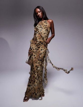 Asos Vestito lungo asimmetrico con volant e stampa leopardata-Multicolore