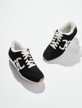 Talbots Alex Status Suede Shearling Sneakers - Black/Ivory - 10 1/2 M Talbots