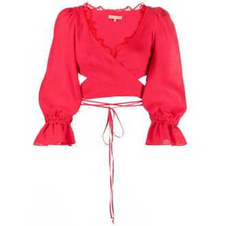Ermanno Scervino Overhemden, Dames, Rood, S, Katoen, Rode Top met Wrap en Kantdetails