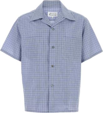 Maison Margiela Short Sleeve Shirts, male, Blue, Size: XL Embroidered Stretch Cotton Shirt