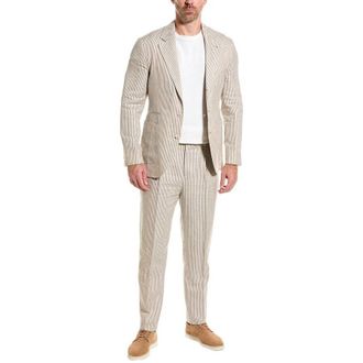 Brunello Cucinelli MenS Beige Pinstripe Suit With Blazer, Size 50
