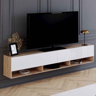 IDMarket Mueble TV suspendido ELIO 2 puertas con estantes de madera y blanco 180 cm