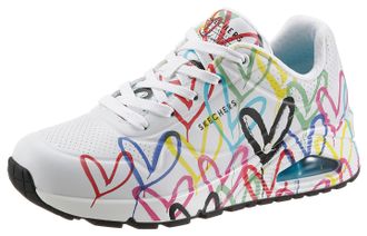 Skechers Wedgesneaker SKECHERS UNO-SPREAD THE LOVE, Damen, Gr. 35, wei&szlig;, bunt allover, Lederimitat, kontrastfarbene Details, Schuhe Wedgesneaker, Freizeitschuh
