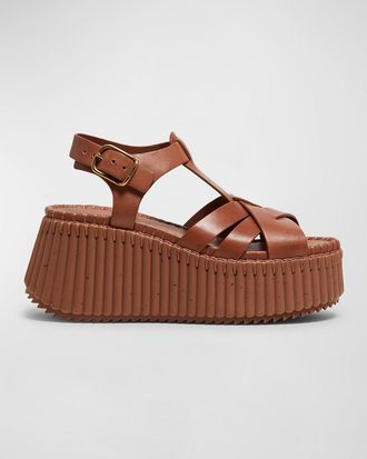 Chloé Nama Leather T-Strap Platform Sandals