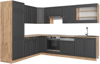 Vicco Cocina Esquinera Fame-line, Antracita Casa De Campo/roble Kraft Dorado, 227 X 60 Cm Sin Encimera