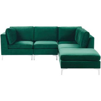 Beliani Sof&aacute; Esquinero 4 Plazas De Terciopelo Verde Izquierdo Con Otomana Asiento Patas Metal Evja